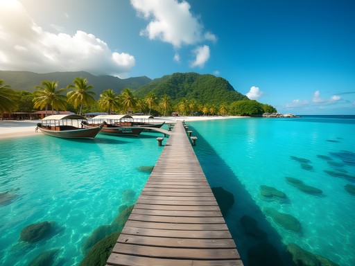 Traditional wooden jetty extending over crystal clear waters at Yenbuba Beach in Raja Ampat