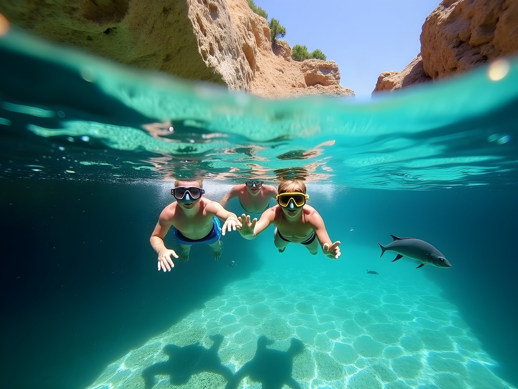 Family snorkeling in the clear waters of Anthony Quinn Bay Rhodes