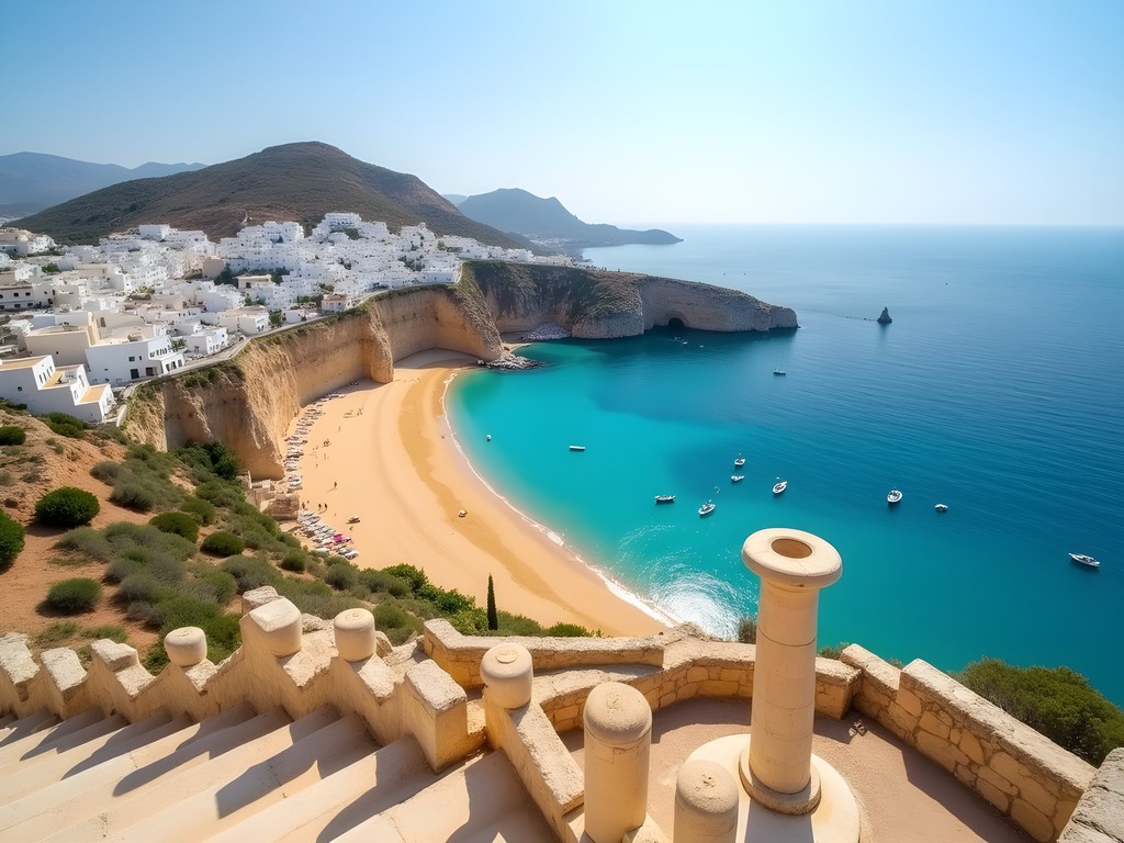 View of Lindos Beach from the ancient acropolis with whitewashed village