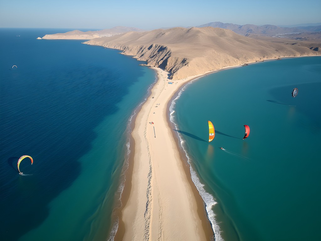 Aerial view of Prasonisi Rhodes showing sandy strip between two seas with windsurfers