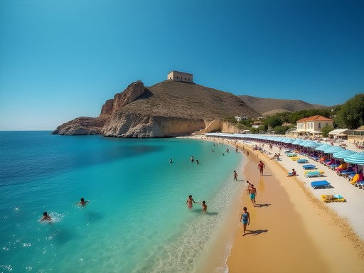 Tsambika Beach Rhodes with golden sand and turquoise shallow waters perfect for families