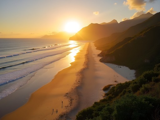 Sunset at Grumari Beach showing golden sands and natural landscape without development