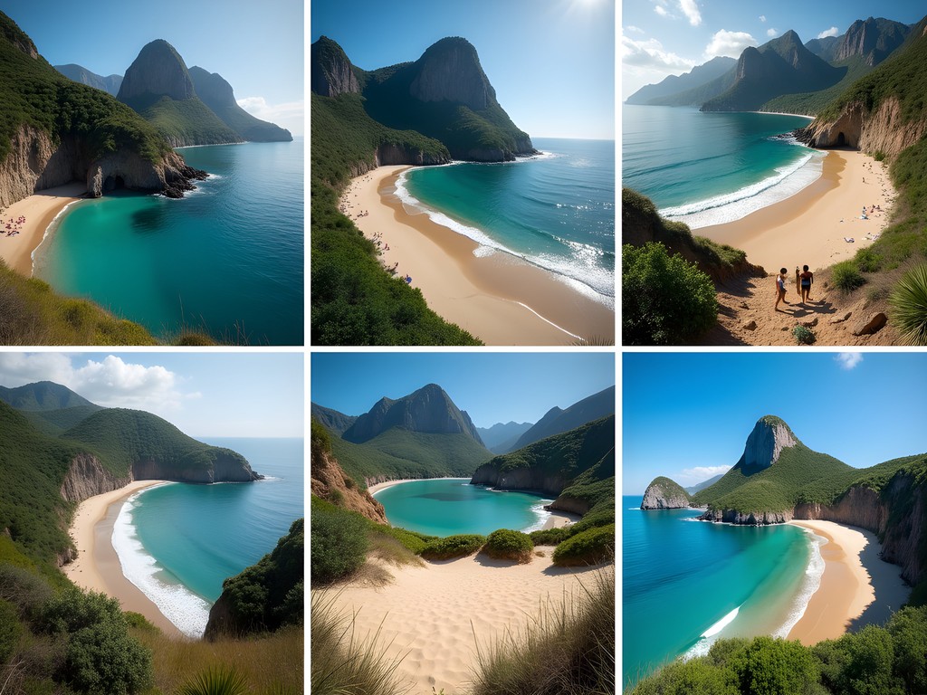 Collage of five hidden beaches in Rio de Janeiro showing diverse coastal landscapes