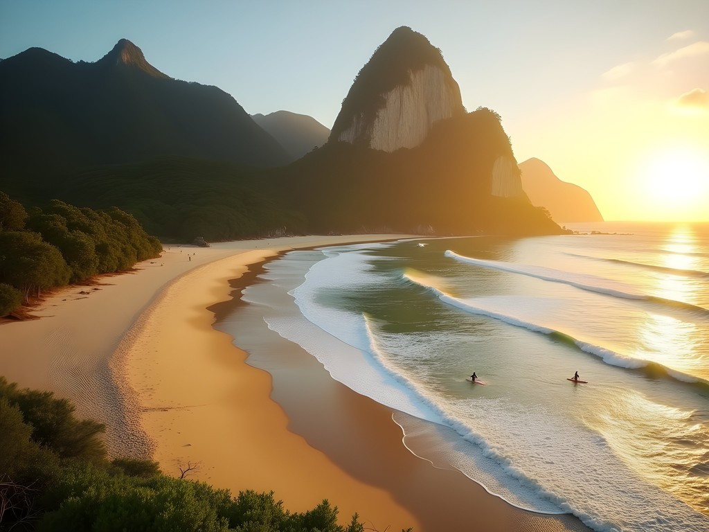 Early morning surfers at Prainha Beach with dramatic mountain backdrop in Rio de Janeiro