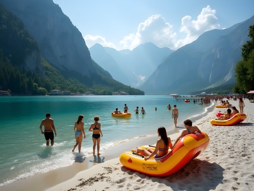 Families enjoying the beach facilities at Mondsee with alpine backdrop
