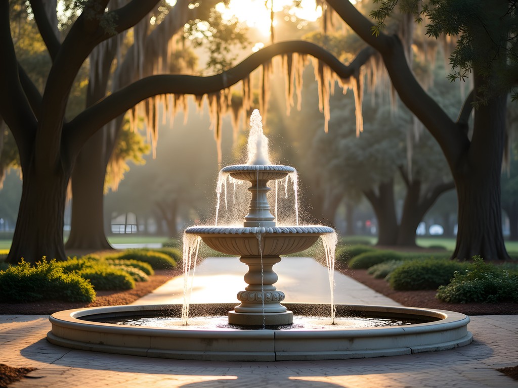 Iconic fountain in Forsyth Park with Spanish moss-draped oak trees