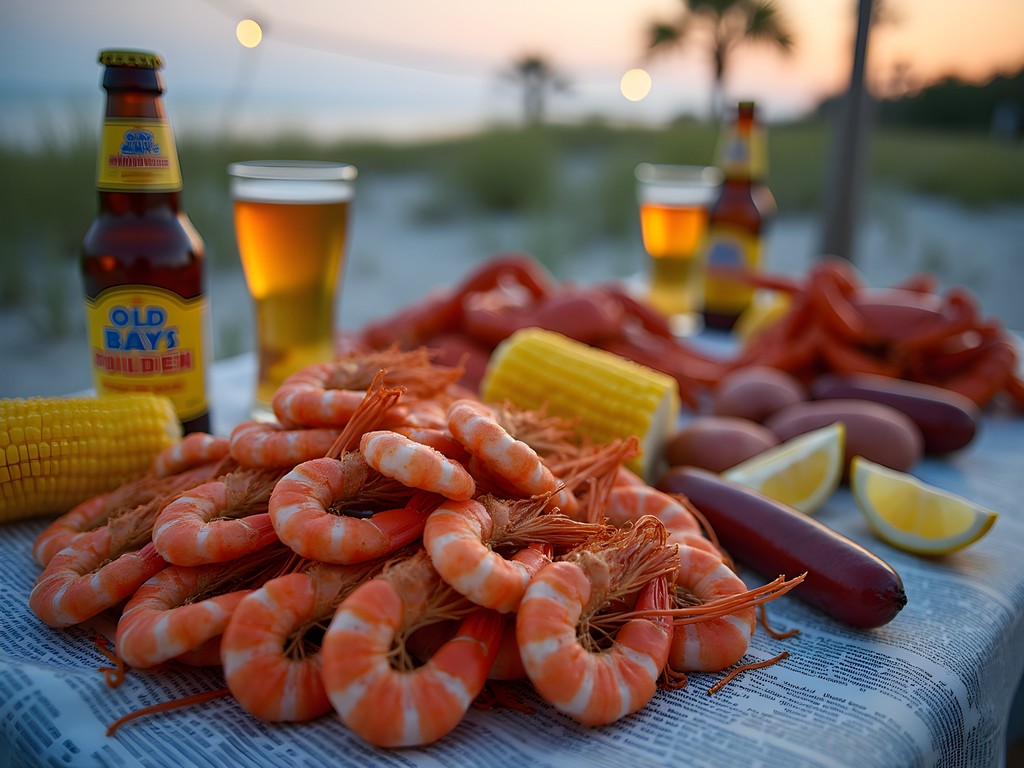 Traditional Low Country boil seafood feast on newspaper-covered table