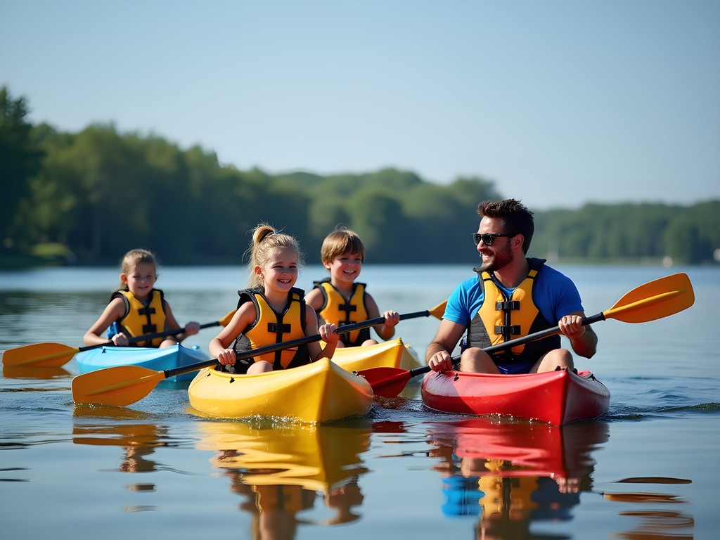 Family kayaking on Shawnee Mission Lake with children
