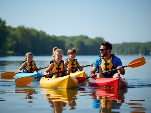 Family kayaking on Shawnee Mission Lake with children
