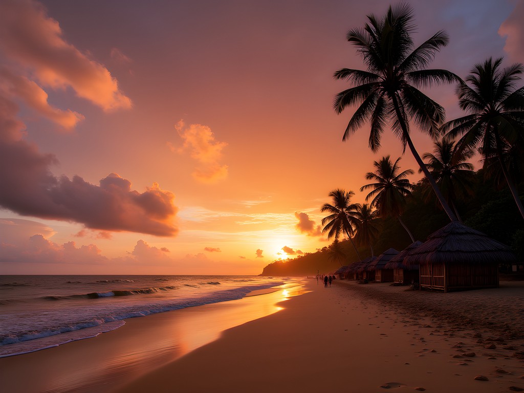 Sunset at Agonda Beach with palm tree silhouettes and beach huts