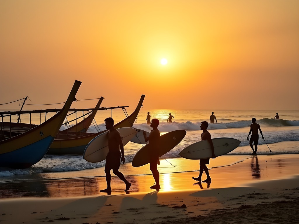 Surfers and traditional fishing boats sharing Covelong Beach at sunset