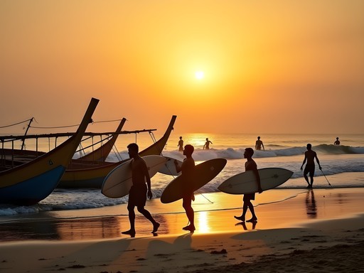 Surfers and traditional fishing boats sharing Covelong Beach at sunset