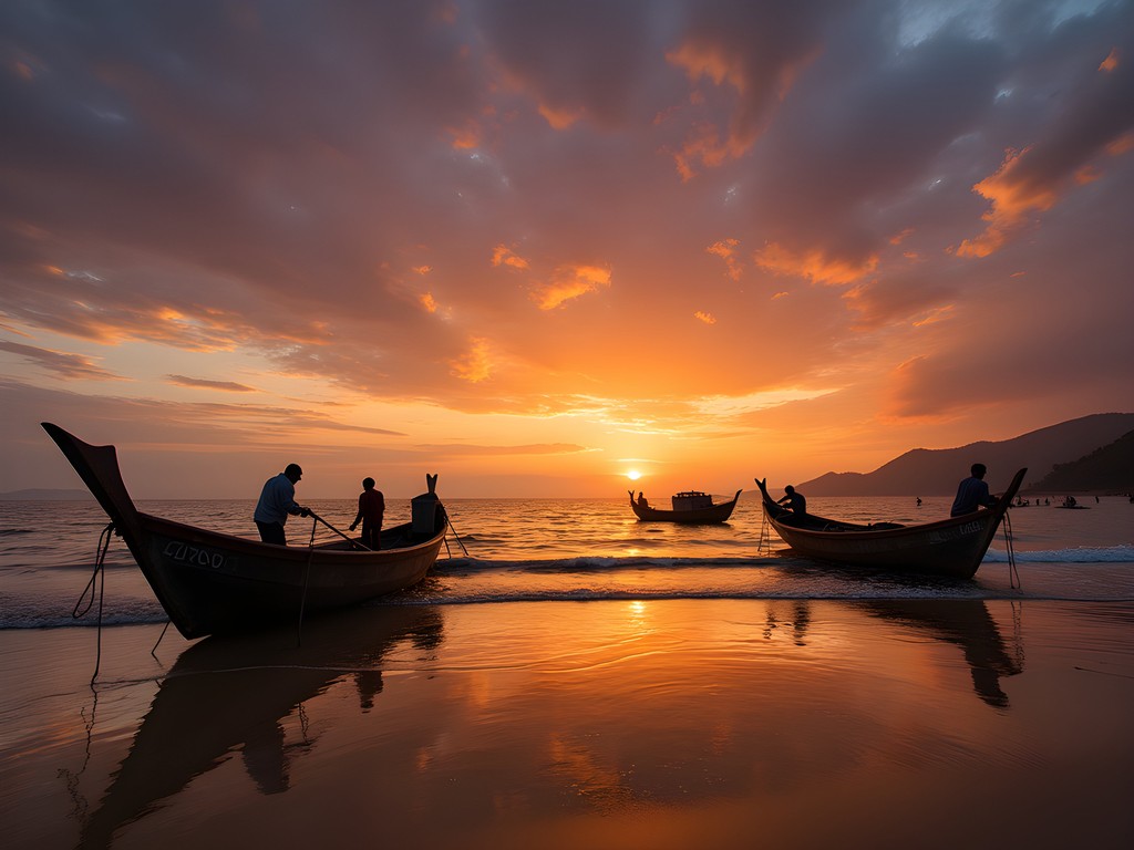 Traditional fishing boats silhouetted against sunset at Devbagh Beach in Karwar