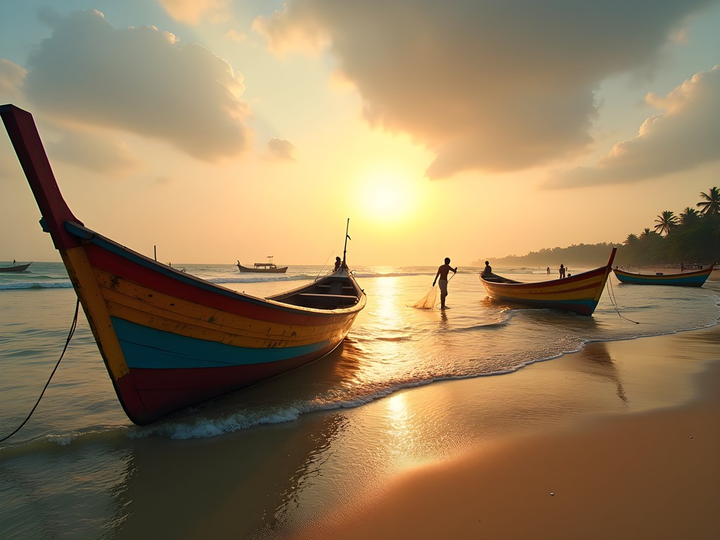 Traditional wooden fishing boats returning to Marari Beach at sunrise