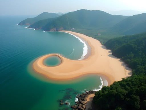 Aerial view of Om Beach in Gokarna showing its distinctive Om symbol shape