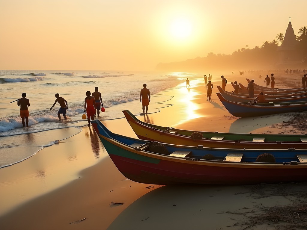 Morning rituals and fishing activities on Puri Beach with colorful boats