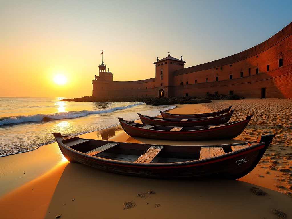 Fort Dansborg at sunrise with fishing boats on Tranquebar Beach