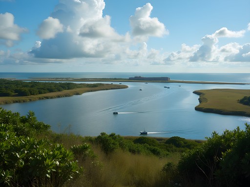 View of Matanzas Inlet with Fort Matanzas visible across water with boats passing