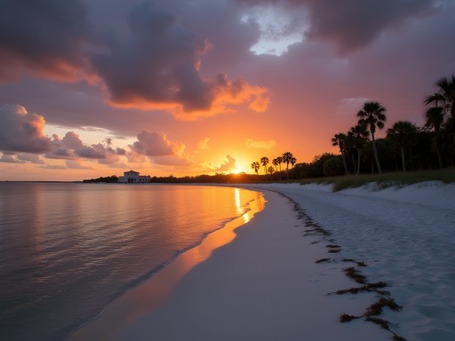 Sunset at Fort De Soto North Beach with tidal lagoon reflecting colorful sky
