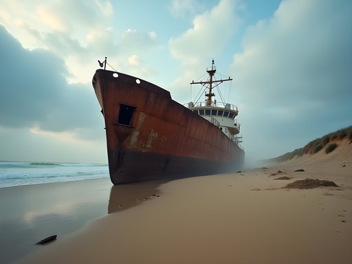 Abandoned shipwreck on Namibia's Skeleton Coast with desert and ocean backdrop