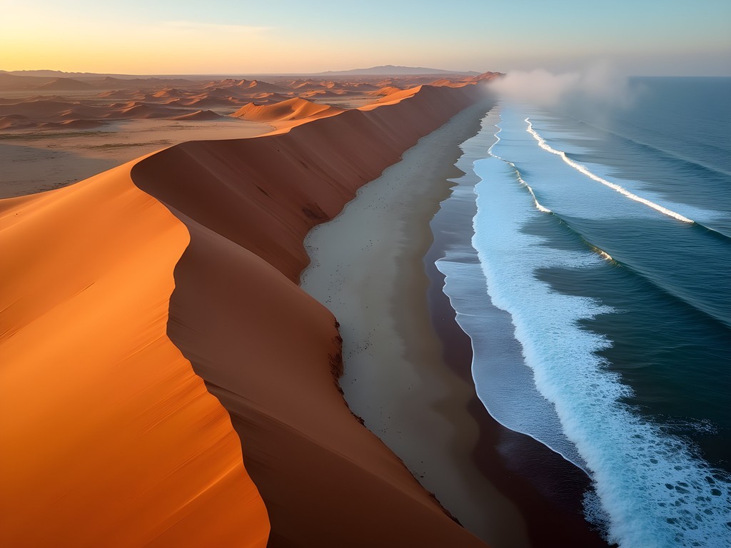Dramatic red sand dunes meeting the blue Atlantic Ocean at Swakopmund Skeleton Coast