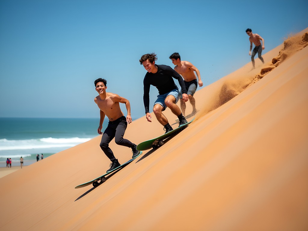 Friends sandboarding down massive dunes near Swakopmund's beaches