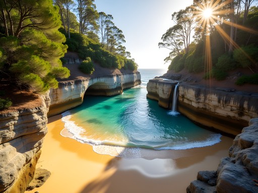 Collins Flat Beach with small waterfall cascading onto sand