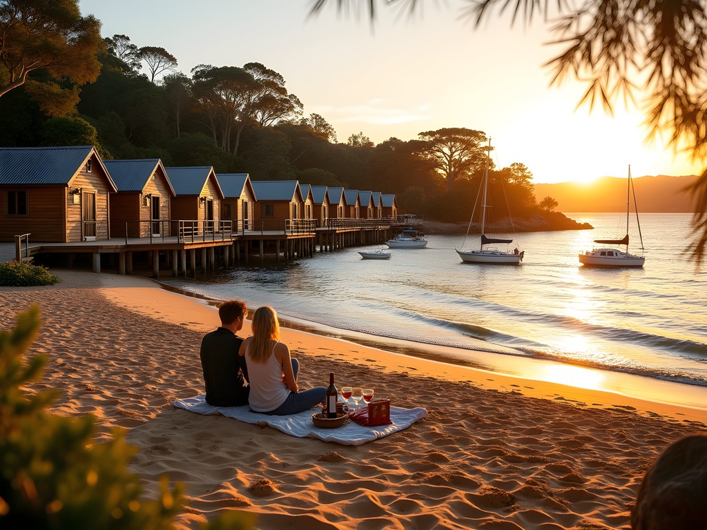 Kutti Beach at sunset with historic boathouses and harbor views