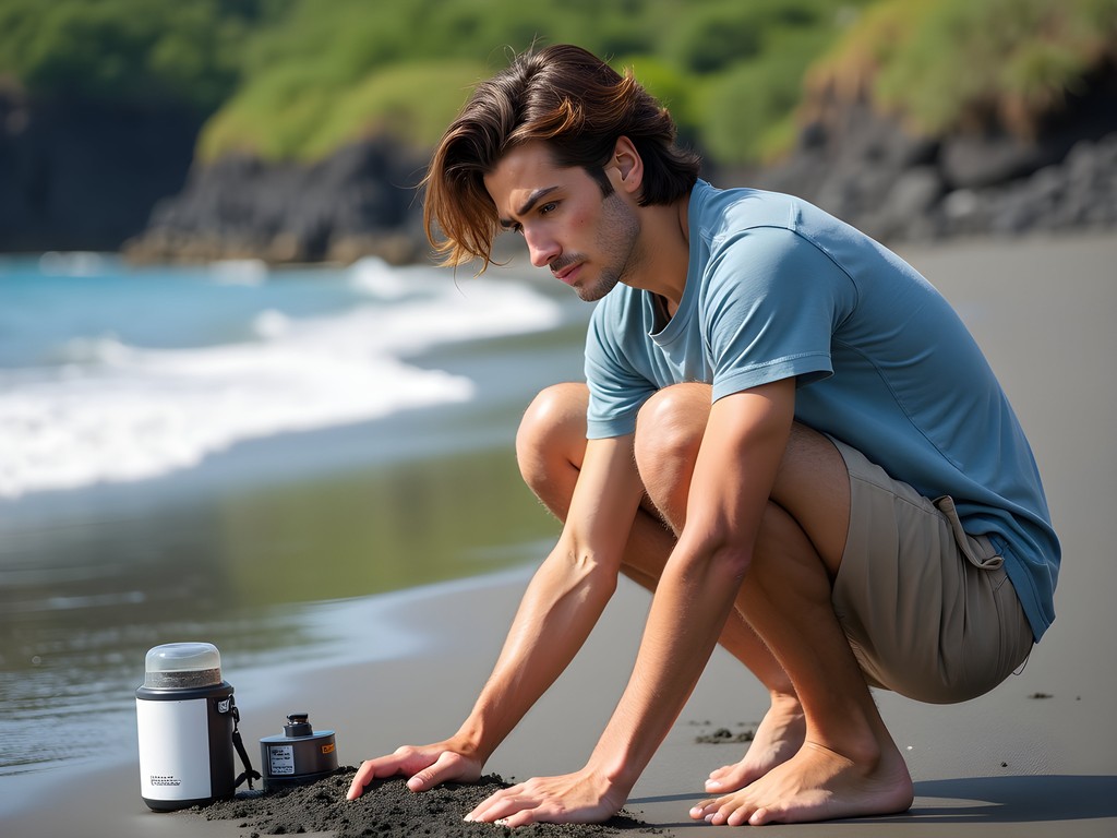 Researcher examining volcanic sand composition at Playa Carbon Costa Rica