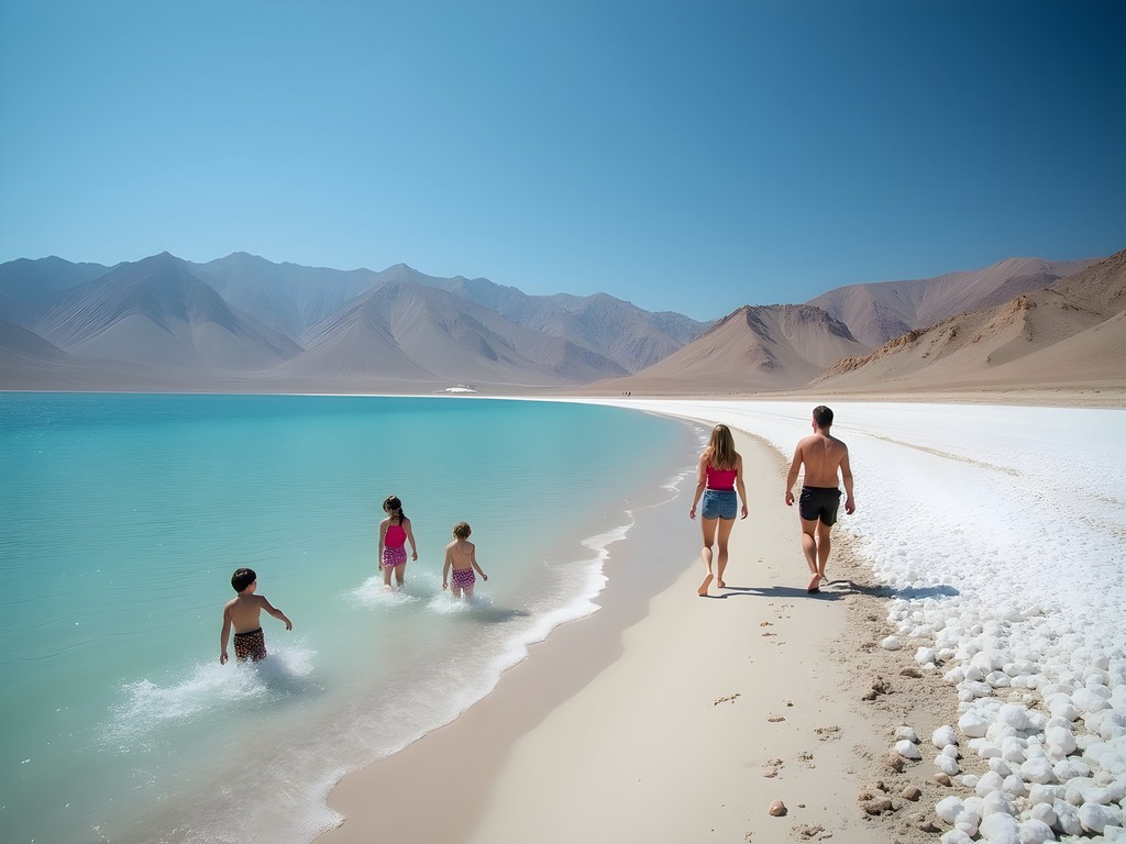 families enjoying sandy beach at Great Salt Lake State Park with mountains in background