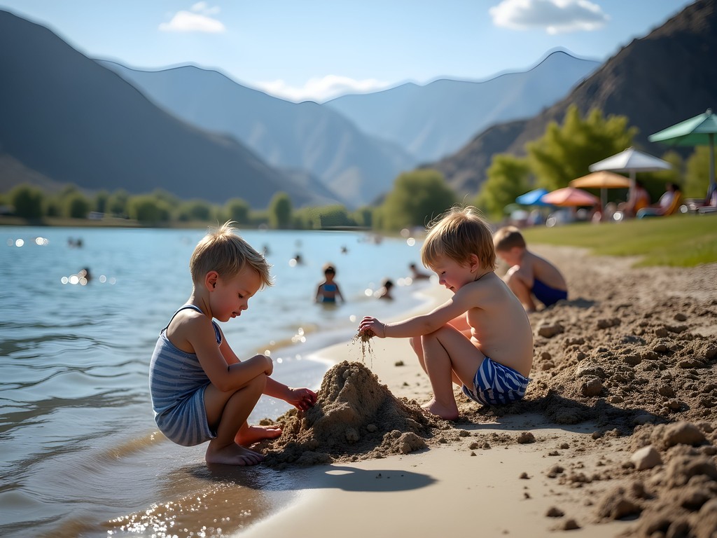 children playing at Pineview Reservoir beach with mountain views