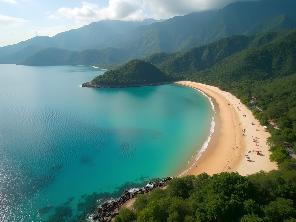 Aerial view of the curved shoreline of Bahía Concha near Tayrona National Park