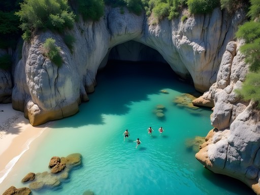 Natural rock barrier forming protected swimming area at Piscina Natural in Tayrona