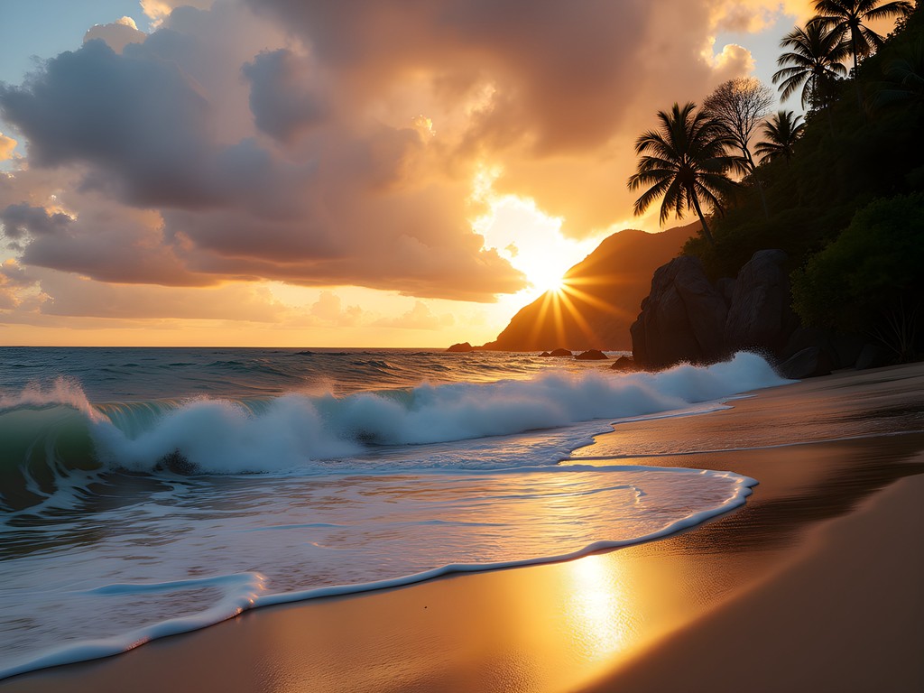 Dramatic sunrise over the wild coastline of Playa Brava in Tayrona National Park