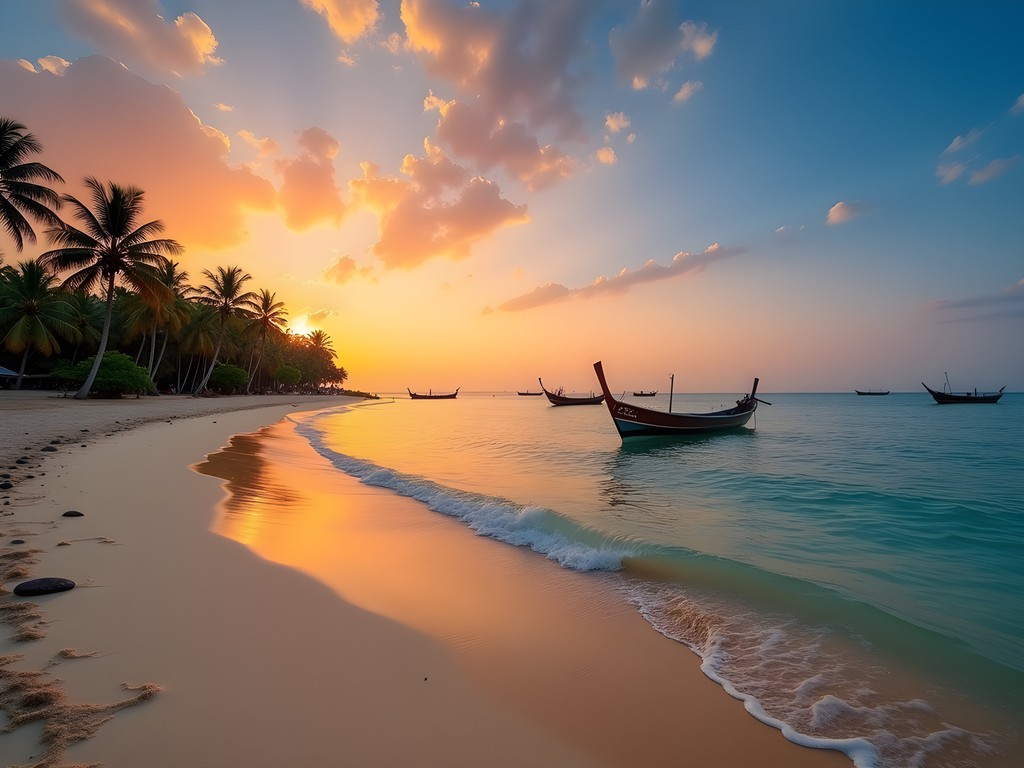 Panoramic view of Tofo Beach at sunset with palm trees and golden sand