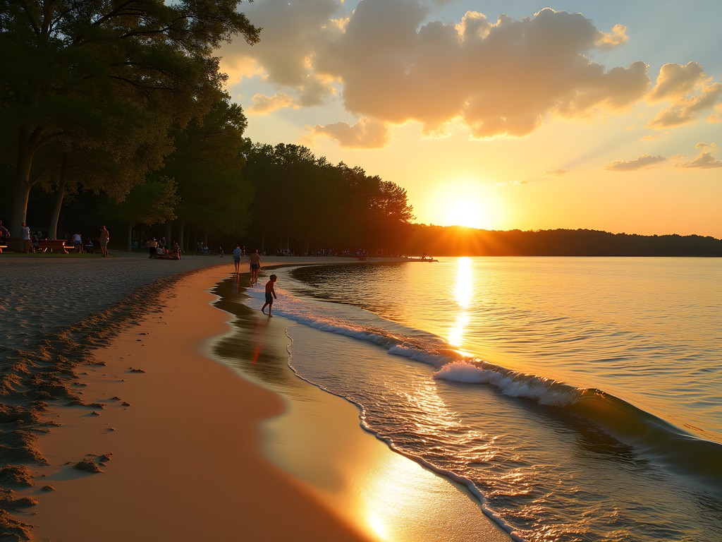 Golden sunset over Keystone Lake beach with families enjoying evening swimming