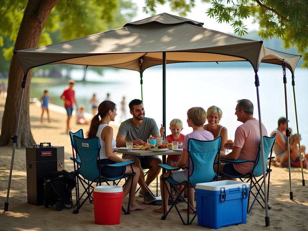 Family enjoying picnic setup at Oklahoma lake beach with shade structures and coolers
