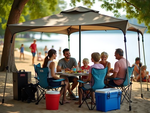 Family enjoying picnic setup at Oklahoma lake beach with shade structures and coolers