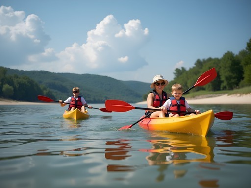 Family kayaking on Oologah Lake with beach visible in background