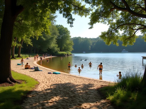 Family enjoying swimming at the hidden Shell Lake beach near Tulsa