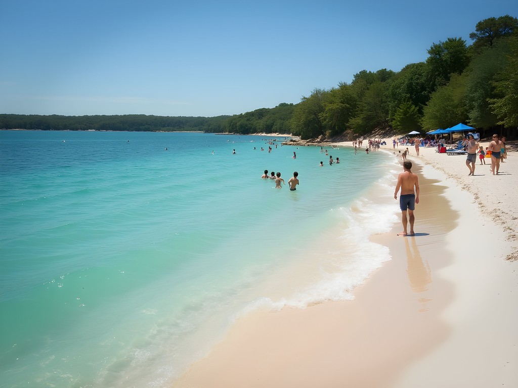 Crystal clear waters of Skiatook Lake with white sand beach and forested shoreline