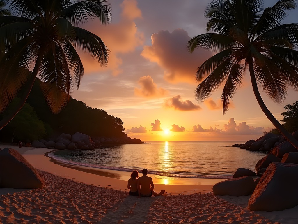 Spectacular golden sunset at Anse Soleil beach with silhouetted palm trees and couples enjoying the view