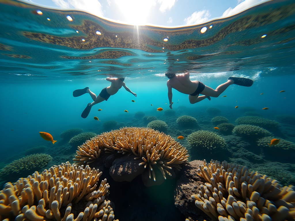 Couple snorkeling over vibrant coral reef at Anse Chastanet with volcanic beach visible in background