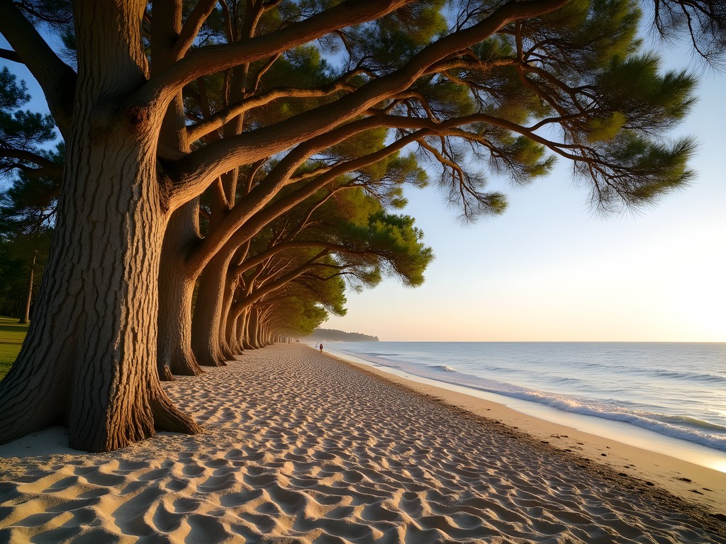 First Landing State Park beach with cypress trees and calm Chesapeake Bay waters