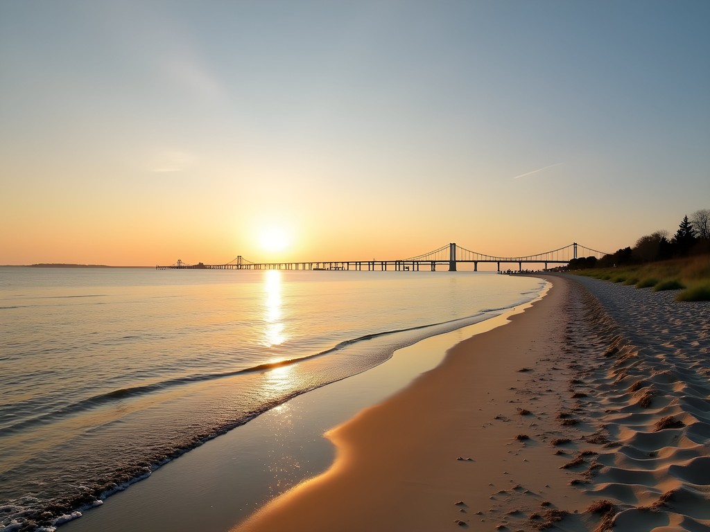 Calm waters at Chick's Beach with Chesapeake Bay Bridge-Tunnel visible on horizon