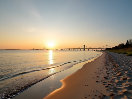 Calm waters at Chick's Beach with Chesapeake Bay Bridge-Tunnel visible on horizon