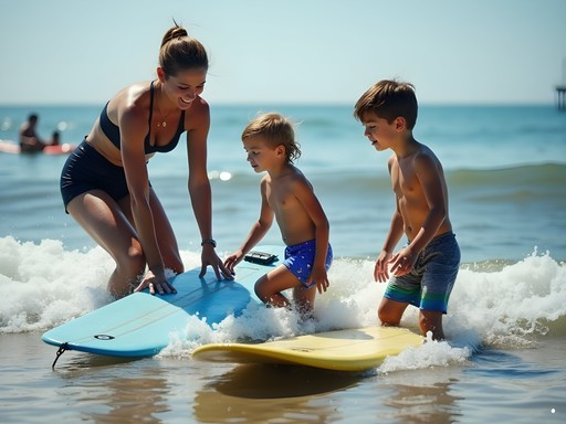 Family surf lesson taking place at Croatan Beach with instructor and young students