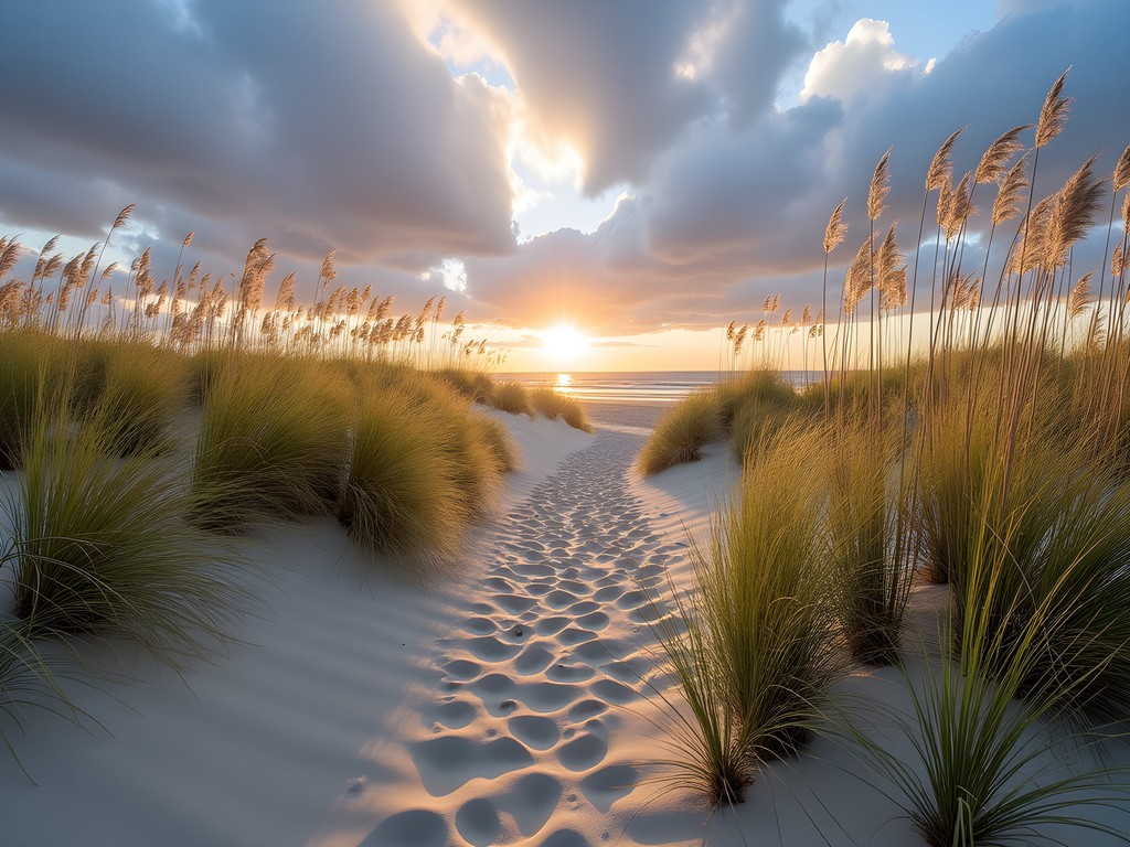 Pristine sand dunes and empty shoreline at False Cape State Park