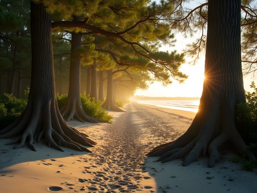 Ancient cypress trees and maritime forest meeting sandy shoreline at First Landing State Park
