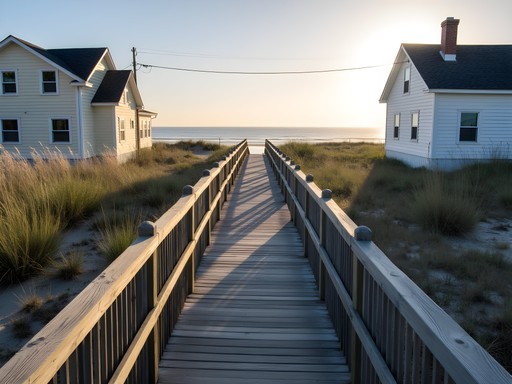 Narrow wooden walkway between houses leading to uncrowded North End beach